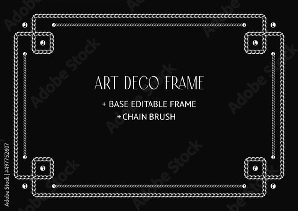 Fototapeta Art deco geometric frame made of chain and beads. Chain brush, base editable frame included. Vintage elegant vector design with copy space.