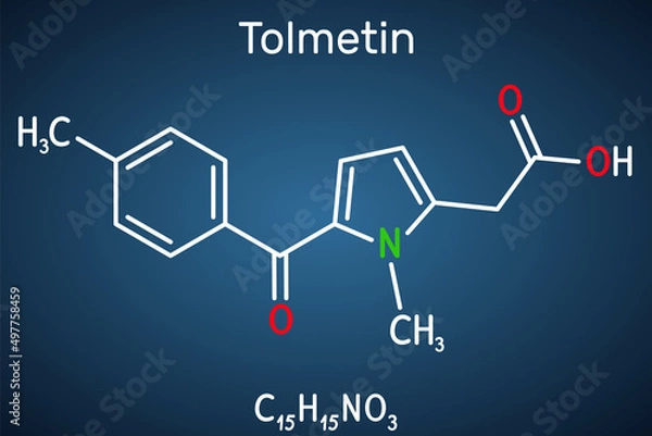 Fototapeta Tolmetin molecule. It is monocarboxylic acid, nonsteroidal anti-inflammatory drug NSAID. Structural chemical formula on the dark blue background