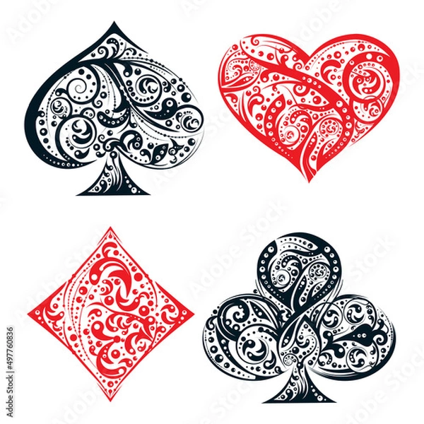 Fototapeta Set of four vector playing card suit symbols made by floral elements. Vintage stylized  illustration in black and red on white background. Works well as print, computer icon, emblem, gambling design