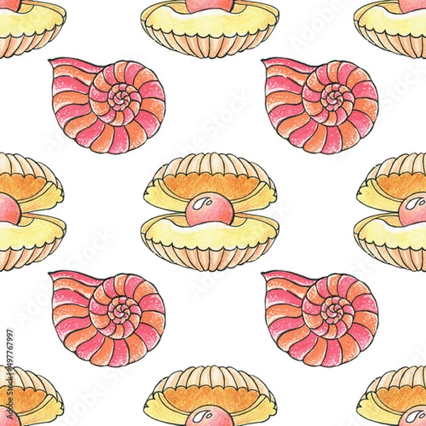 Fototapeta Pattern with sea shells. Sea and ocean life.