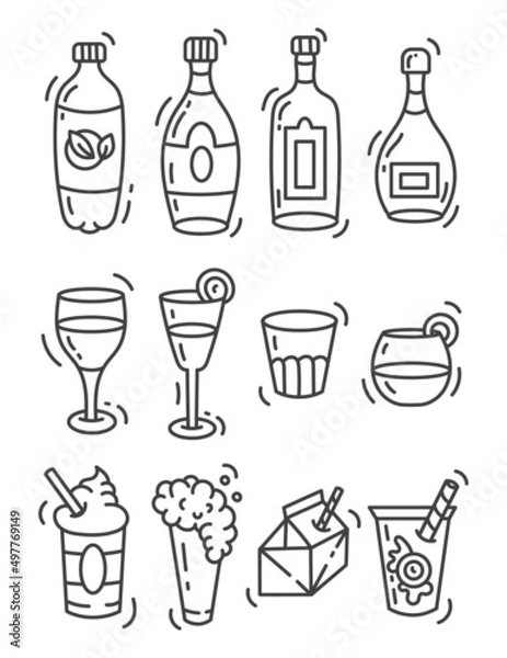 Fototapeta Set of doodle illustrations, icons of bottles and cups with drinks. Alcoholic and non-alcoholic cocktails. Juices. Isolated on a white background.