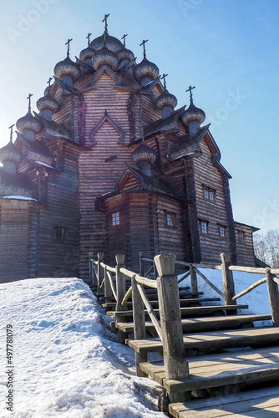 Fototapeta the staircase leading to the temple made in the style of Russian wooden architecture