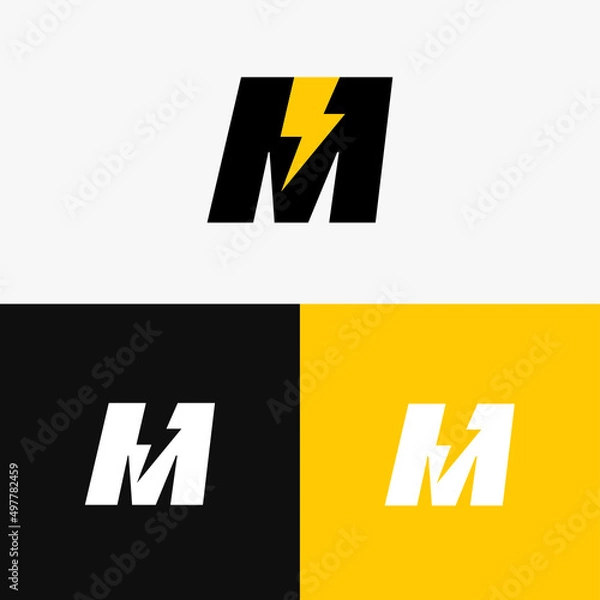 Fototapeta Set of abstract M letter and lightning, thunderbolt, energy logo template with multiple background, vector illustration