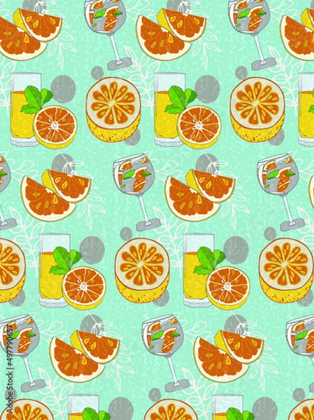 Obraz  Seamless pattern with oranges and juice on the light blue background.