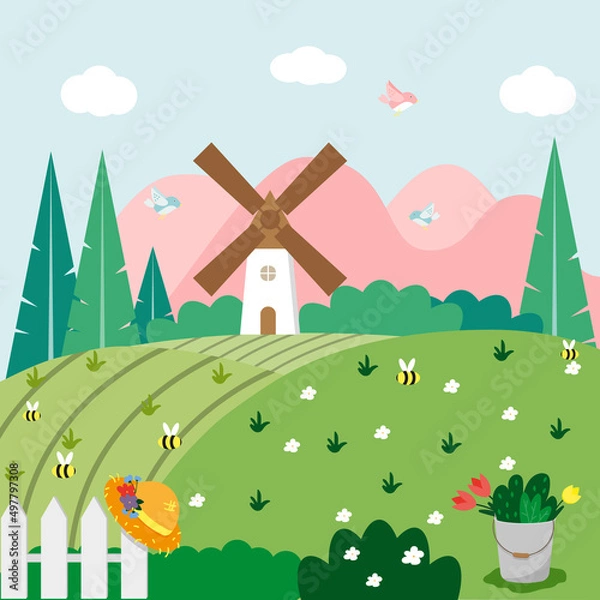 Fototapeta Vector spring landscape. Spring illustration in flat style.