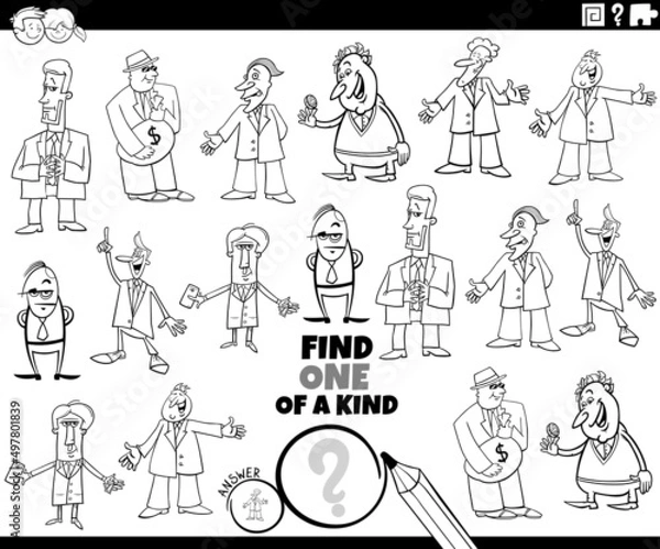 Fototapeta one of a kind task with cartoon businessmen coloring book page