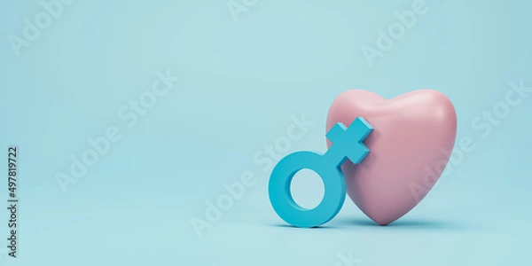Fototapeta 3D rendering, 3D illustration. Heart and female gender symbol on blue pastel background. Minimal idea sexual symbols.