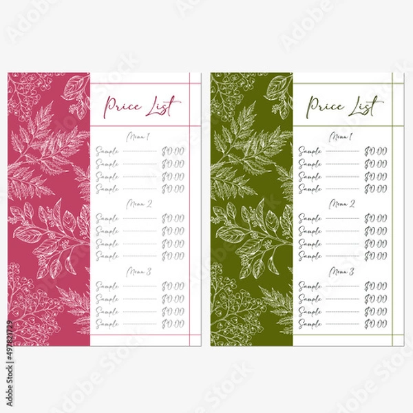 Fototapeta set of price list template designs with hand drawn illustration of herbs