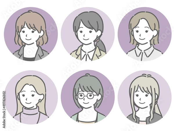 Fototapeta 若い女性の斜め向き丸アイコンセット（仕事向きの服装）