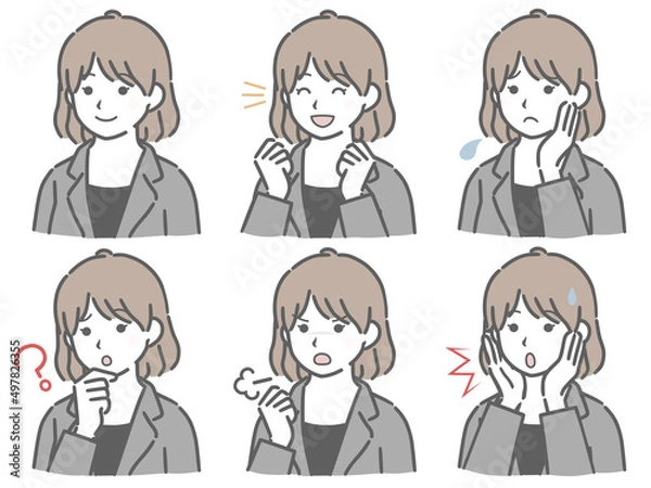Fototapeta スーツの若い女性の斜め向き表情セット