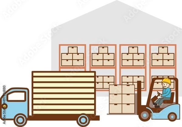 Obraz 倉庫の前でトラックに荷物を運ぶフォークリフトと男性作業員。