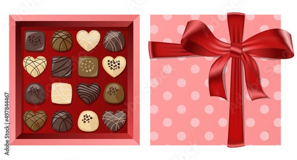 Fototapeta Vector festive top view coral gift open square box with red ribbon and bow and chocolates isolated on white background.