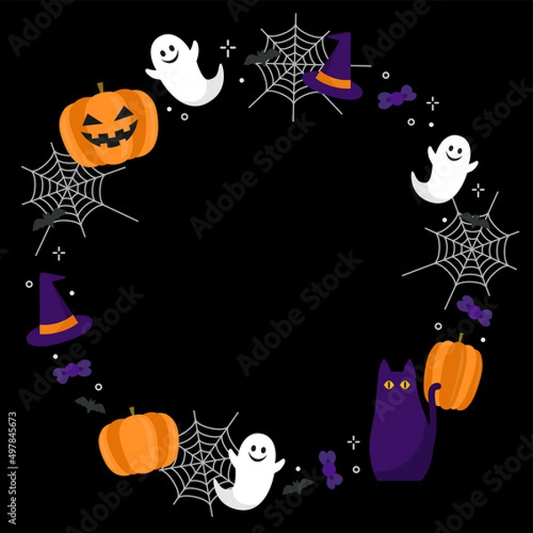 Obraz ハロウィン　かわいいオバケやカボチャの丸フレーム素材（黒背景）