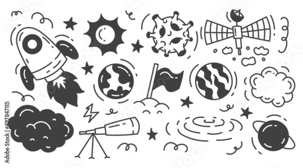 Fototapeta Space illustration doodle set. Astronomical objects, planets and instruments. Isolated on a white background.