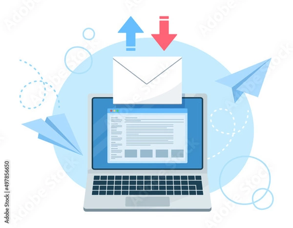 Obraz ノートパソコンでメールを送受信するイラスト. ビジネスのコンセプトデザイン. ベクターイラスト.