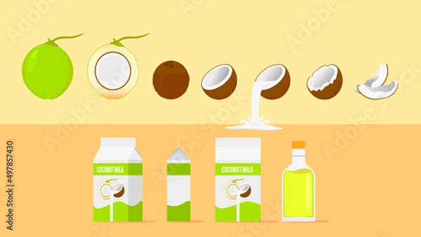 Obraz coconut and haft slice vector coconut on a brown background. Complete set. Coconut oil and coconut milk.