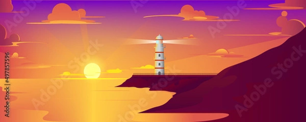 Obraz The view of the lighthouse with sunset or sunrise in the sea, the background of the vast ocean landscape, pink clouds flying in the sky until the sun shines over the sea with the color of the water