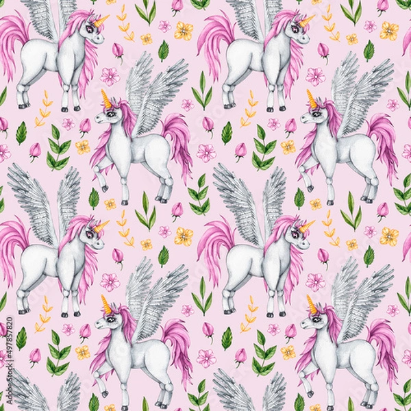 Fototapeta Watercolor pattern with unicorns and flowers