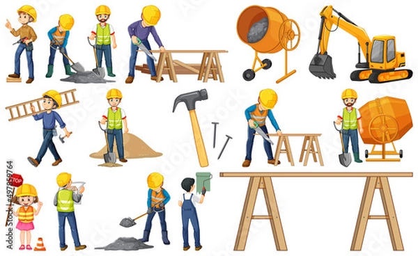 Fototapeta Set of construction site objects and workers