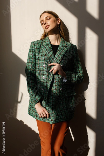 Obraz A model girl standing in the rays of the sun. the girl in the reflection of light from the window