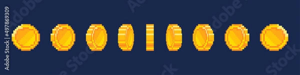 Obraz Pixel coin animation. Animation footage of a gold coin. 8-bit Retro video game style. Vector illustration