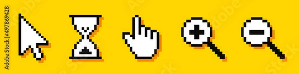 Obraz Set of pixel cursors. Cursor pointers. Arrow, hourglass, hand and magnifier. Computer mouse. 8-bit. Video game style. Vector illustration