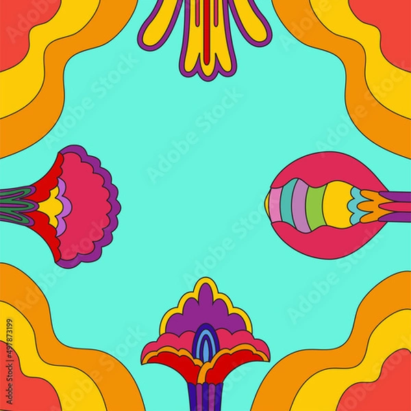 Fototapeta Colorful vector poster with a frame of abstract flowers in the style of 1960s, 1970s. Bright psychedelic background, cover, poster, poster for hippie style trance festivals