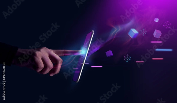 Fototapeta Metaverse i Blockchain Technology. Osoba z doświadczeniami ze świata wirtualnego metaverse za pośrednictwem smartfona. Futurystyczny ton. Zdjęcie koncepcyjne