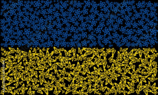 Fototapeta Flowers and butterflies in the shape of the national flag of Ukraine in yellow and blue colors