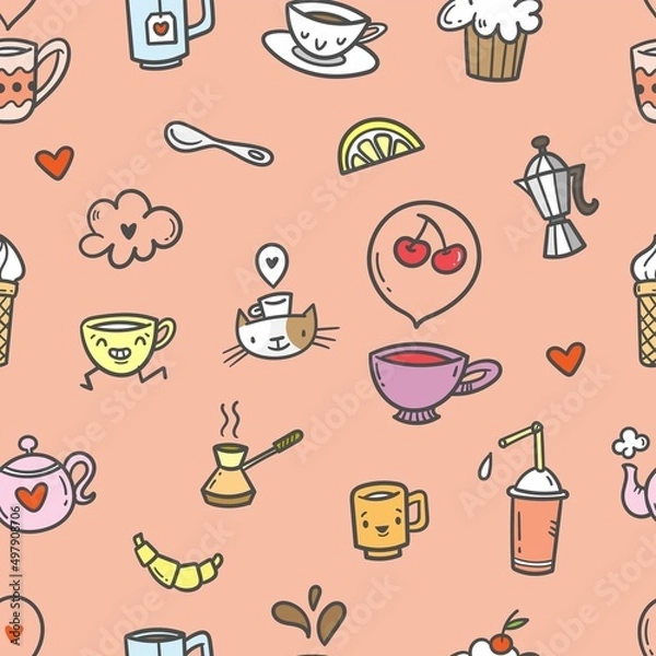 Fototapeta Seamless pattern with food, drinks and utensils on pink background. Doodle cafe wallpaper. Cute vector print.