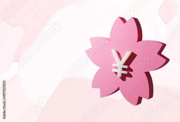 Fototapeta Beautiful Floating Japanese yen coins on sakura, 3D rendering, 3D illustration