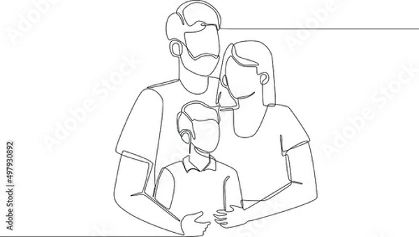 Fototapeta Single continuous line drawing of Portrait of happy successful young family with son. one line draw design graphic vector illustration.