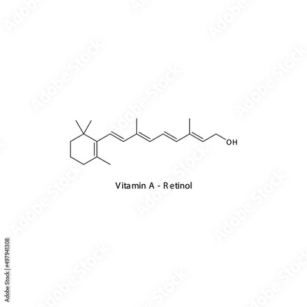 Fototapeta Retinol Skeletal structure and molecular formula. Organic biomolecule, isolated vector illustration