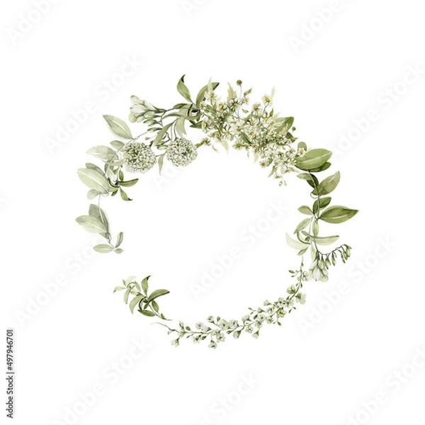Fototapeta Watercolor floral wreath. Hand painted frame of green leaves, spring wild flowers, field summer bloom, herbs. Border isolated on white background. Iillustration for card design, print, background