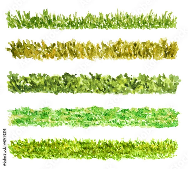Obraz Grass Border Pieces, Watercolor Painted, Isolated on White