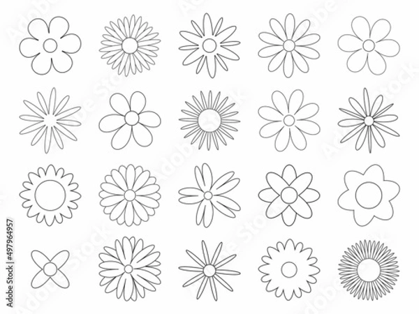 Fototapeta Set of floral elements on white background. Vector flowers black outline collection. Simple plant contour thin line icons set.