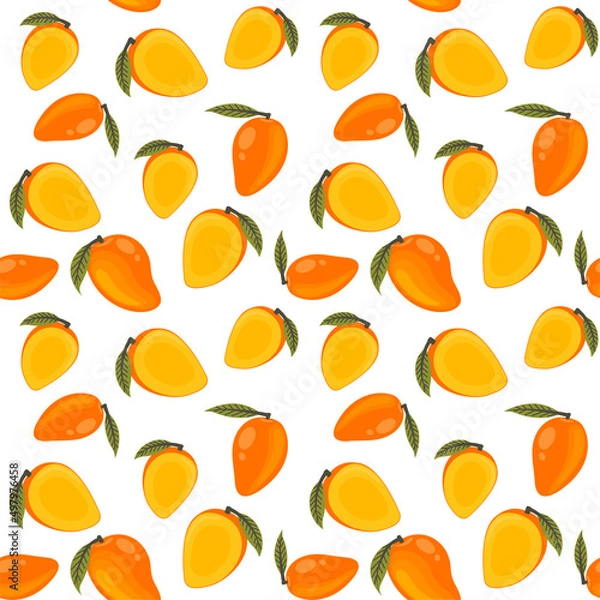 Fototapeta Vector seamless pattern with mango and leaves on a white background.