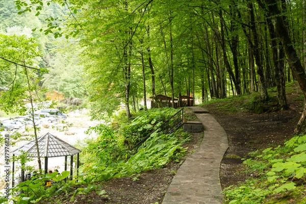 Fototapeta holiday house in the mountains of Chechnya in the spring among the mountains and forests near the river and lake