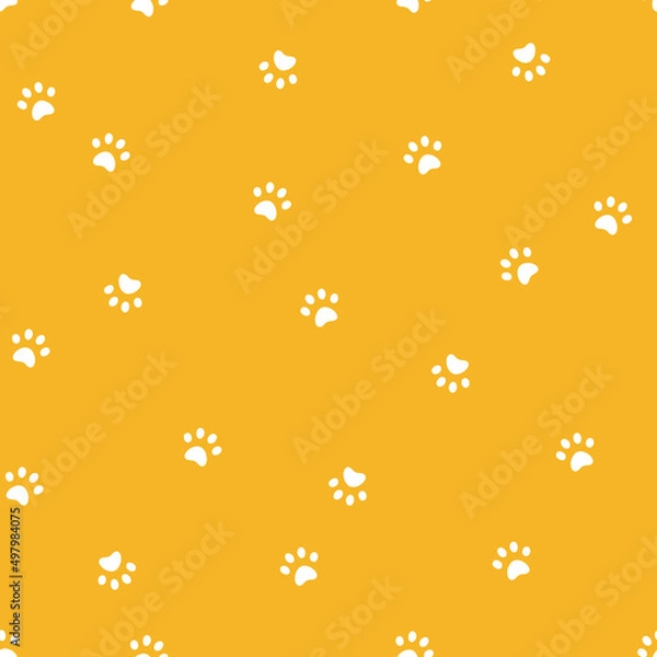 Obraz Seamless vector pattern with cat or dos paws prints on yellow background.