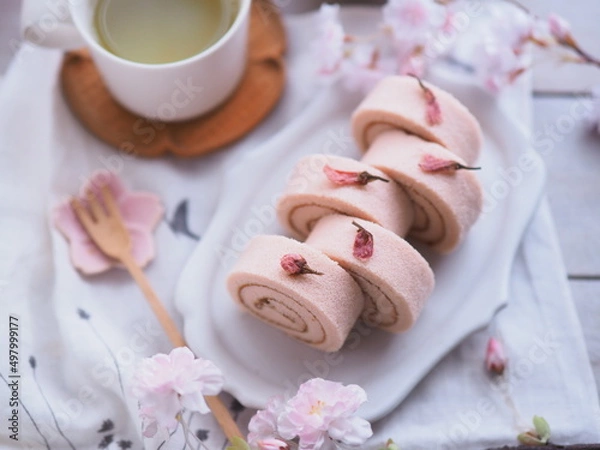 Fototapeta 春スイーツ 桜ロールケーキでティータイム