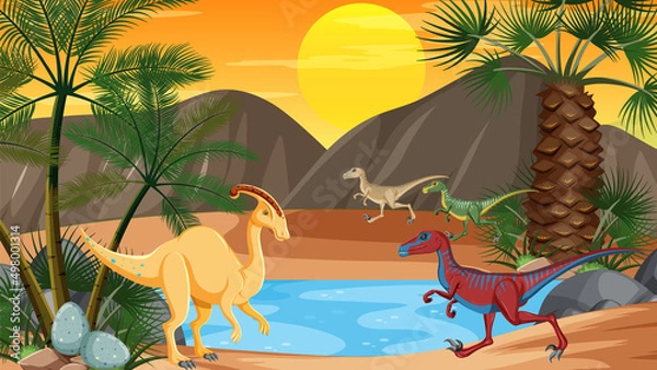 Fototapeta Scene with dinosaurs by the river