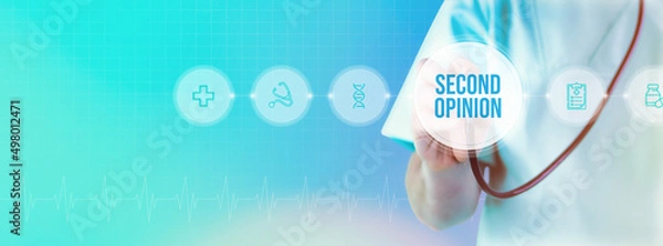 Fototapeta Second opinion in health. Doctor with stethoscope in focus. Icons and text on a digital interface. Medical technology