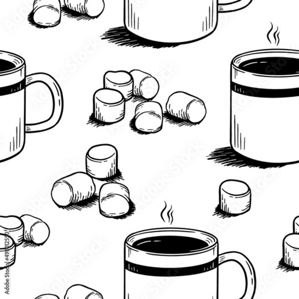 Obraz Pattern with coffee mugs and marshmallows in doodle style on a white background Vector illustration