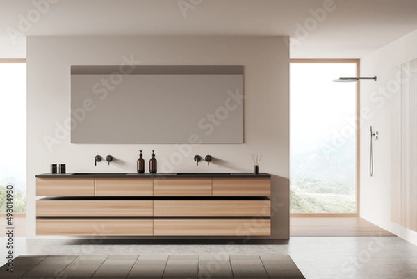 Fototapeta Light bathroom interior with double sink and douche in the corner near window