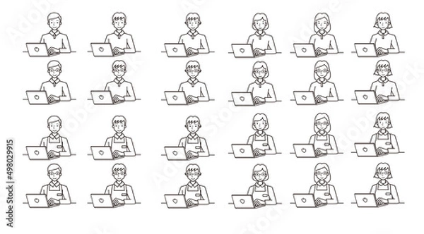 Fototapeta パソコンを使う成人白黒線画イラスト