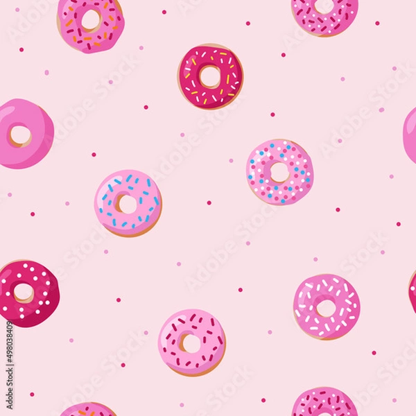 Fototapeta Seamless pattern with pink donuts. Hand drawn vector illustration. Trendy texture for print, textile, packaging.
