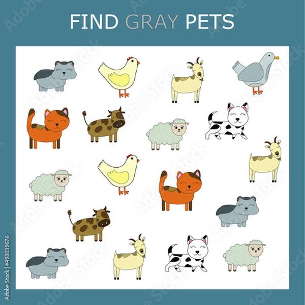 Fototapeta Educational activity for kids, find the gray animal among the colorful ones. Logic game for children.