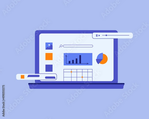 Obraz 
workspace on a laptop, charts, graphs, correspondence, playlist