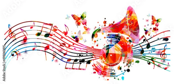 Fototapeta Colorful musical poster with gramophone horn and LP vinyl record isolated vector illustration. Playful background for live concert events, music festivals and shows, party flyer with musical notes	
