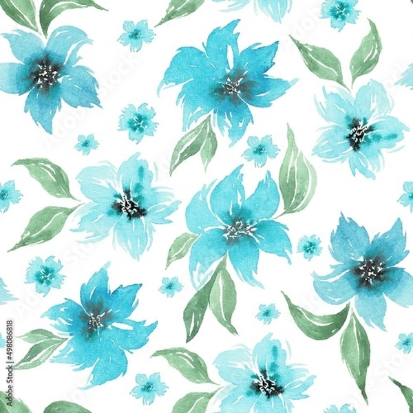 Obraz Watercolor seamless pattern with blue spring flowers and leaves. Repeating Flower Bacground design with Pastel colors